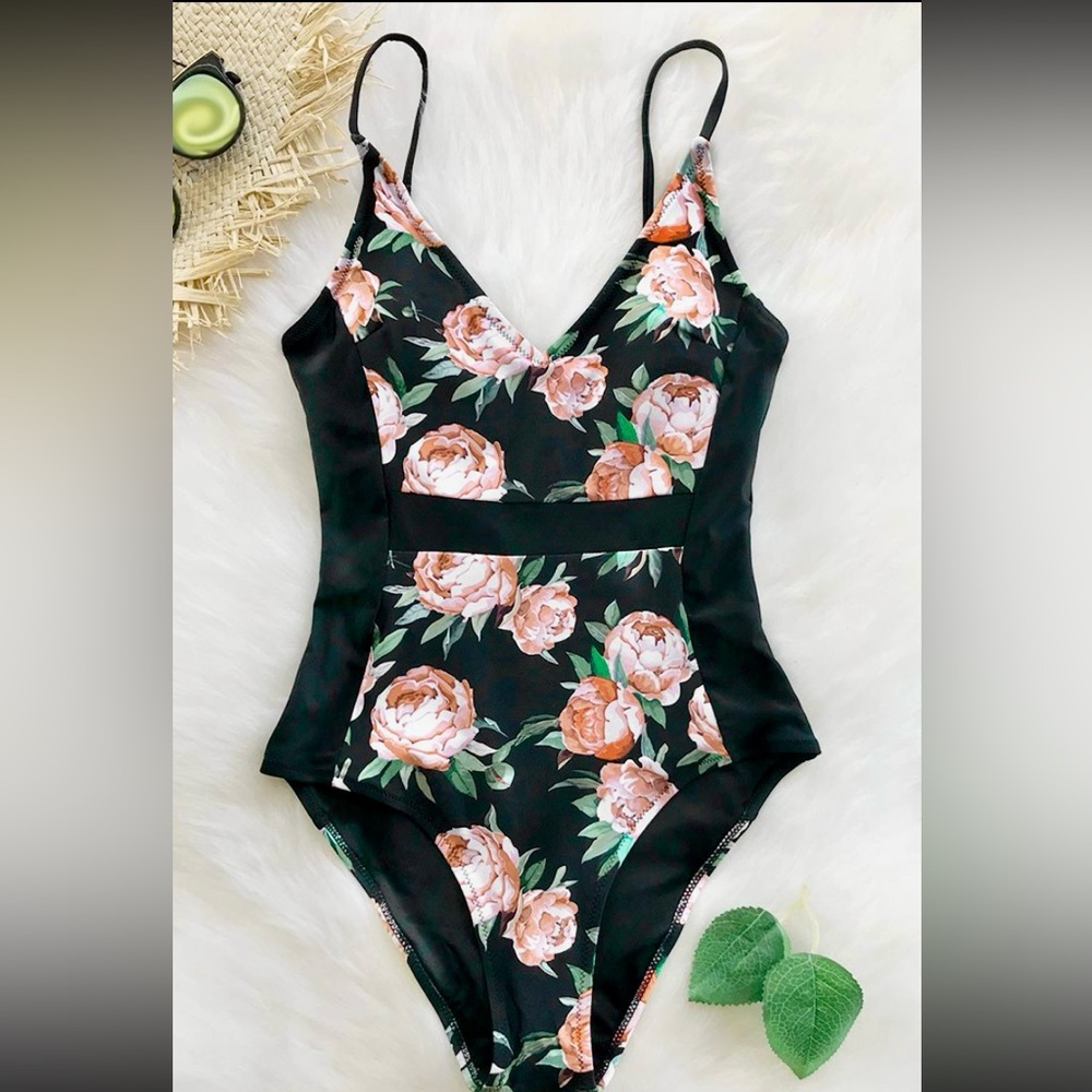 One-Piece Black and Floral Swimsuit Size Small